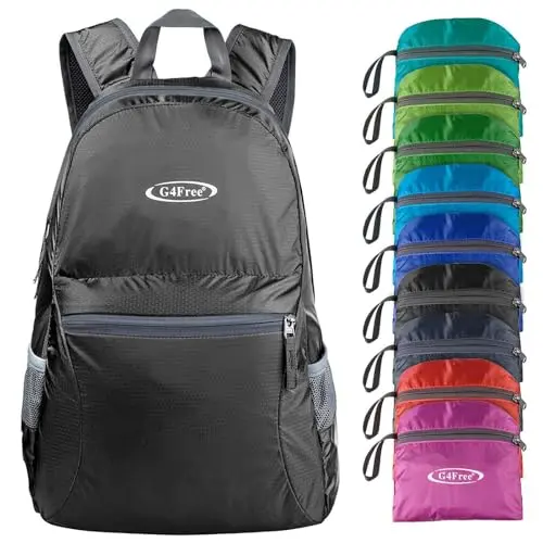 G4Free foldable backpack in blue showing compact storage pouch