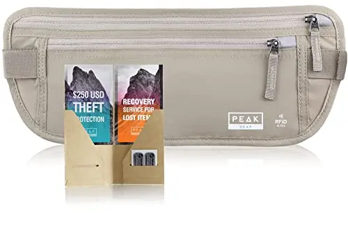 Peak Gear money belt with theft insurance and recovery tags