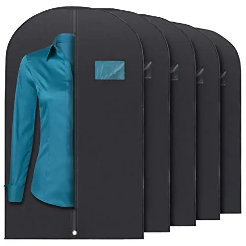 PLIXIO 5-pack garment bags showing transparent windows and stackable design