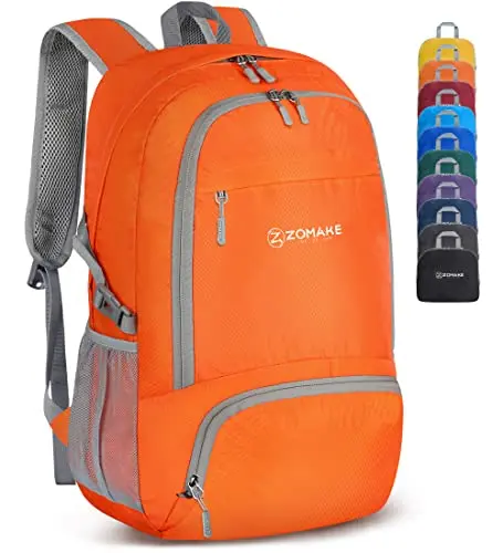 ZOMAKE orange foldable backpack showing multiple pockets and compartments