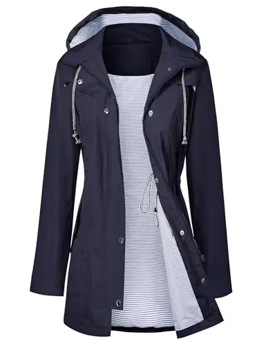 Women's lightweight travel trench rain jacket in navy blue