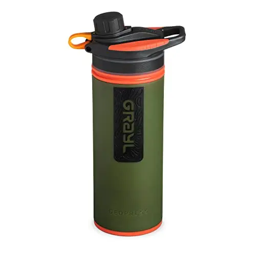 GRAYL GeoPress water purifier bottle in green showing press-to-purify system