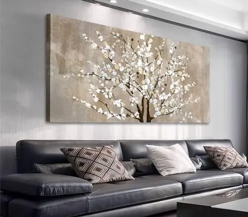 Flower plum blossom canvas wall art with beige and white elegant design