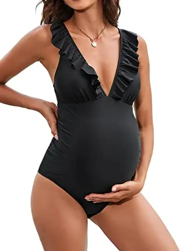 CUPSHE maternity one piece swimsuit with deep v neck and ruffle back