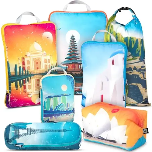 TRIPPED compression packing cubes set in bucketlist pattern