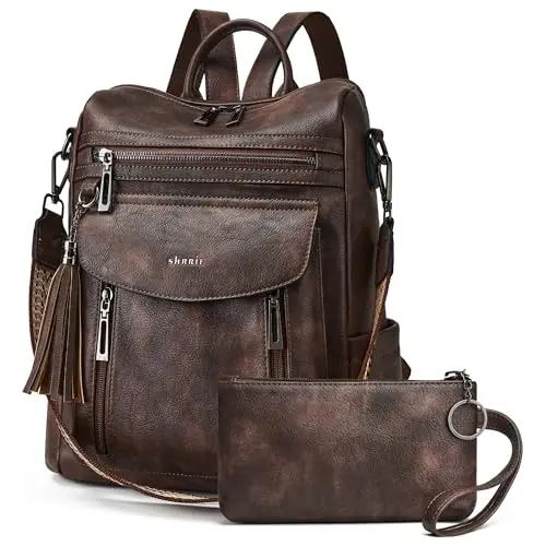 Shrrie leather backpack purse in brown with multiple zipper pockets