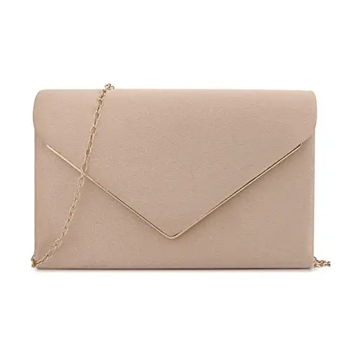 Faux suede envelope clutch with gold-tone trim and chain
