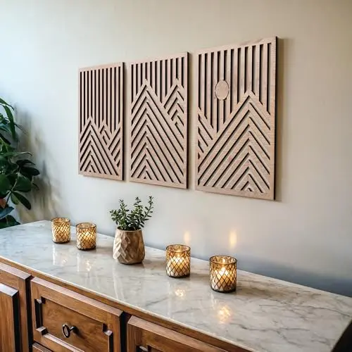 qmmp modern wooden wall sculptures set of 3 with mountain and sun design