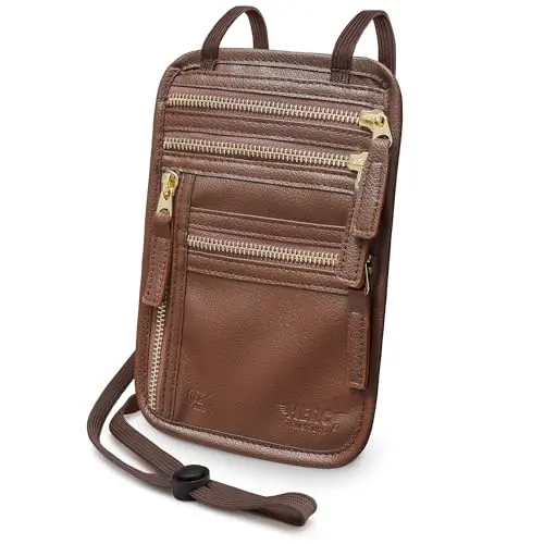 HERO Neck Wallet in brown vegan leather with multiple compartments