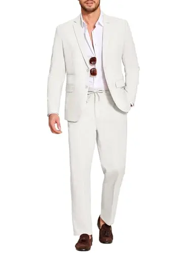 COOFANDY men's white linen 2-piece suit with elastic waist for beach weddings