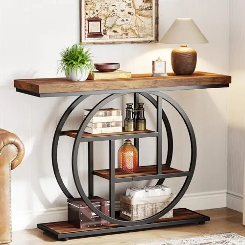 Tribesigns industrial console table with circle metal base and four-tier shelves in rustic brown