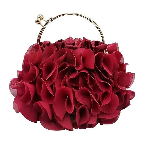 Floral satin clutch with 3D rose design and chain