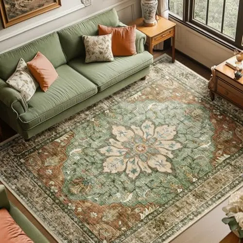 RELEANY brick red floral vintage area rug in living room