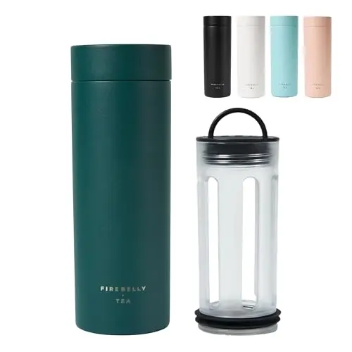 Firebelly Tea travel infuser mug with patented press system in forest green