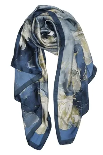 YOUR SMILE silk feeling scarf with blue oil painting flower pattern