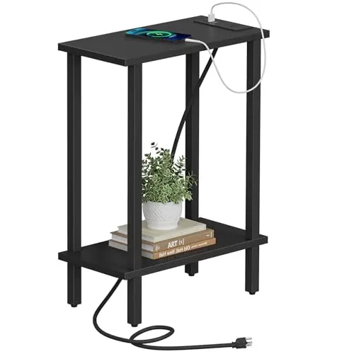 TUTOTAK narrow black side table with charging ports and two storage shelves
