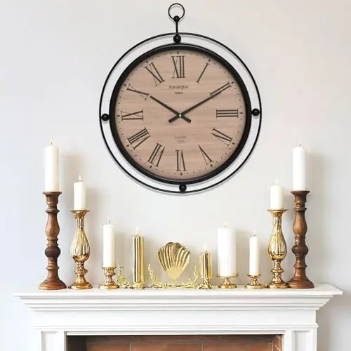 SwallowLiving 24 inch wooden wall clock with Roman numerals and black metal frame