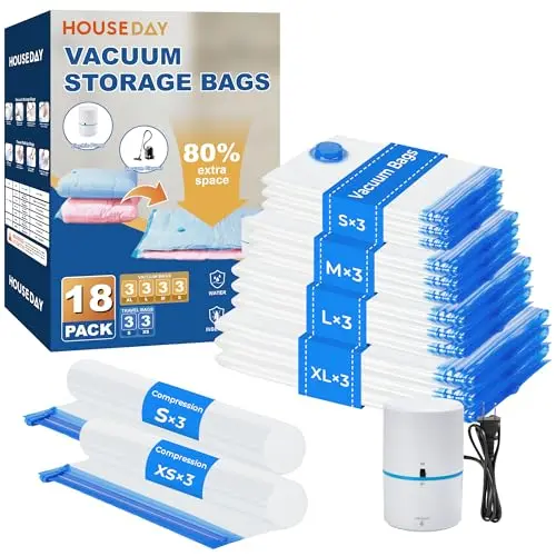 HOUSE DAY 18-pack vacuum storage bags with electric pump in multiple sizes