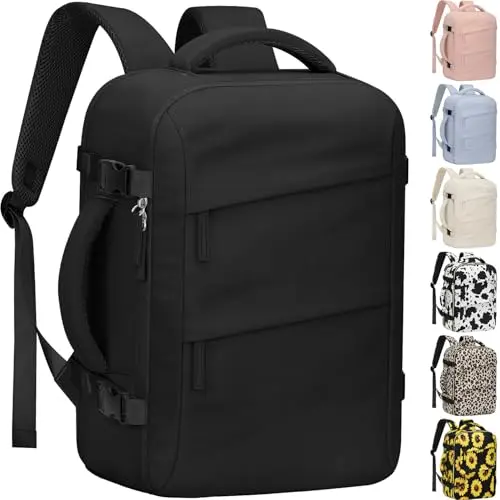 Tenot travel backpack in black showing compact design with multiple pockets