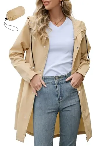 Zando women's long waterproof raincoat trench style in light khaki