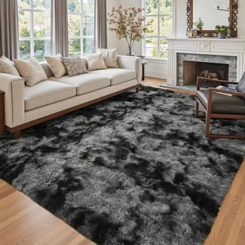 Cuzwlovita dark grey tie-dyed shag area rug with fluffy texture