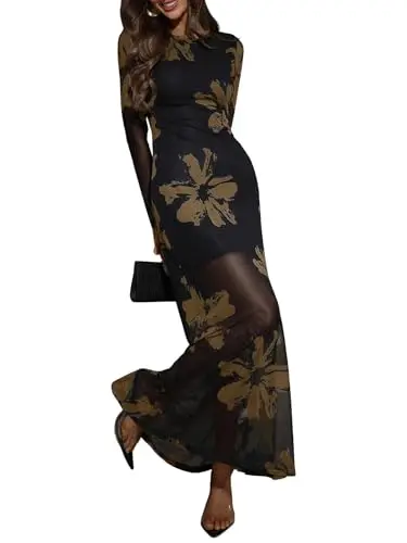 VERDUSA black floral mesh long sleeve maxi dress