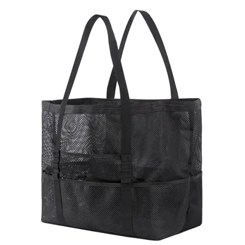 Extra large mesh beach tote with multiple pockets and foldable design