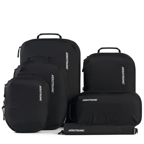 Aerotrunk ultralight compression packing cubes in black showing clamshell opening