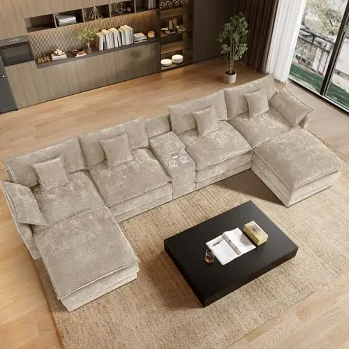 ONEMMLION U-shaped sectional sofa in camel color with USB ports and central console